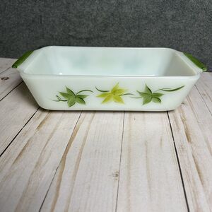VTG Anchor Hocking Fire King Green Flower Bread Loaf Pan Baking Dish 1 Qt USA